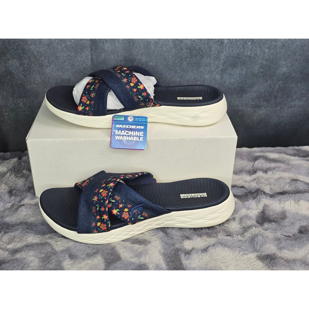 Skechers On the Go GoWalk Sandals Navy Blue Floral Print Slides Womens Size 10 - Picture 1 of 7